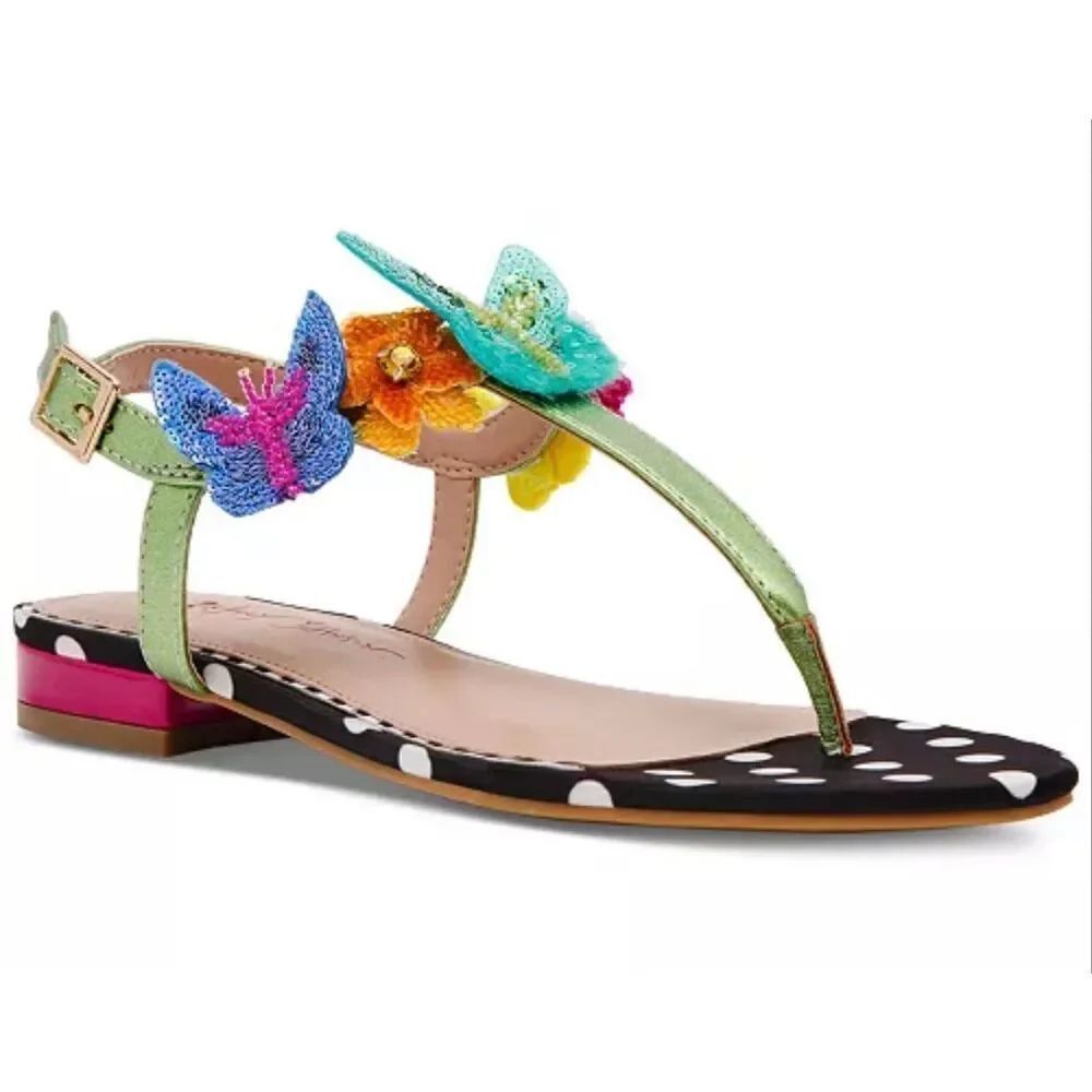 Betsey Johnson Halie 1” Butterfly T-Strap Round Toe Heel Flat Sandal Black 6.5